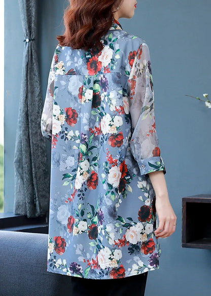 Classy Blue Peter Pan Collar Print Chiffon Long Shirt Bracelet Sleeve