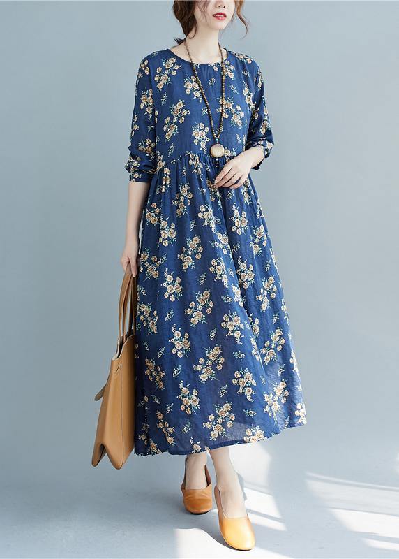 Diy O Neck Cinched Spring Quilting Clothes Work Outfits Blue Print Traveling Dress