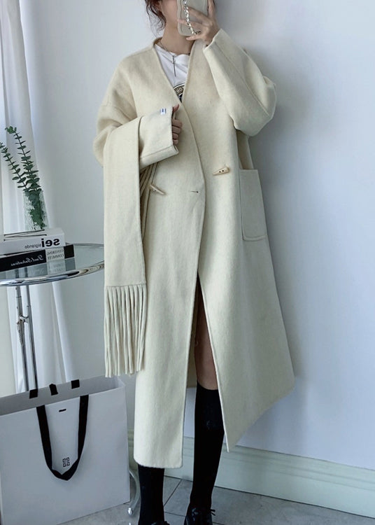 White V Neck Pockets Scarf Woolen Coat Winter