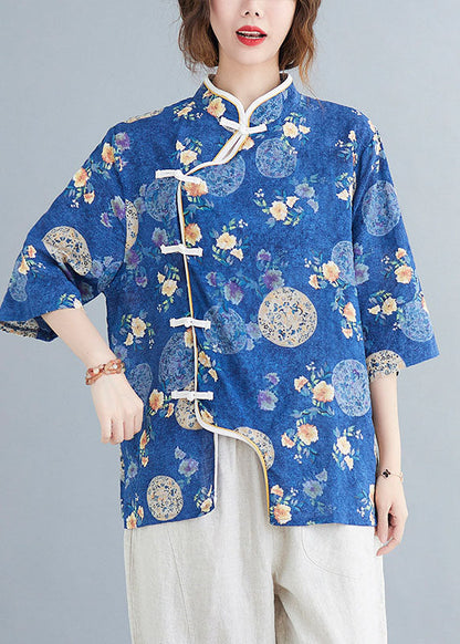 Blue Stand Collar Button Print Asymmetrical Design Fall Blouses Half Sleeve