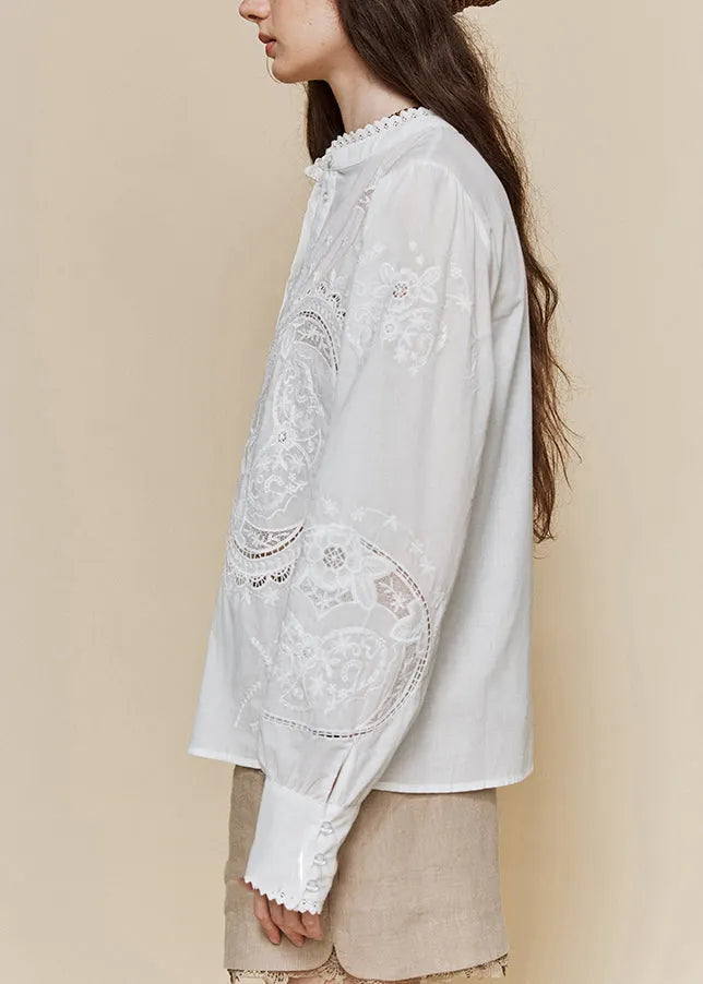 Italian White Stand Collar Embroidered Cotton Shirt Top Fall