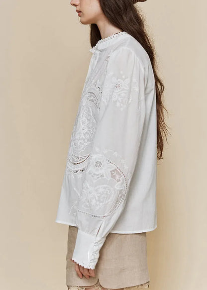 Italian White Stand Collar Embroidered Cotton Shirt Top Fall