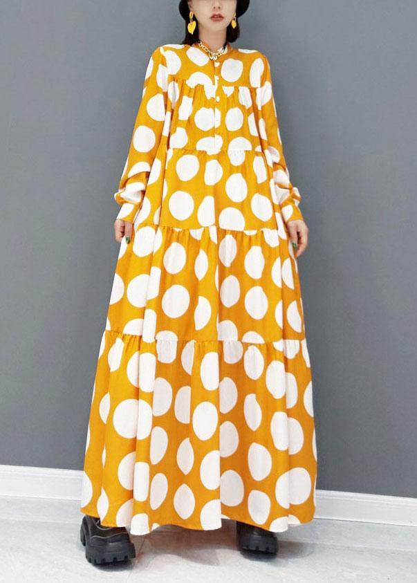 Yellow Button Print Fall Long Sleeve Holiday Dress