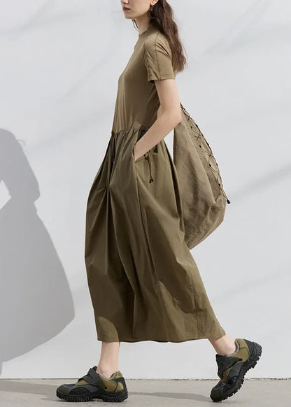 New Dark Khaki Pockets Wrinkled Patchwork Cotton Dresses Summer