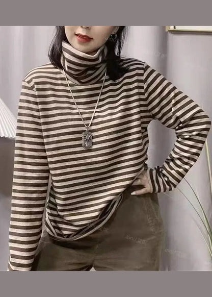 Black Hign Neck Striped Cotton Blouse Top Fall