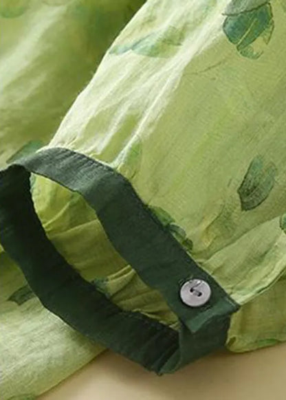 Green Peter Pan Collar Print Button Linen Shirts Long Sleeve