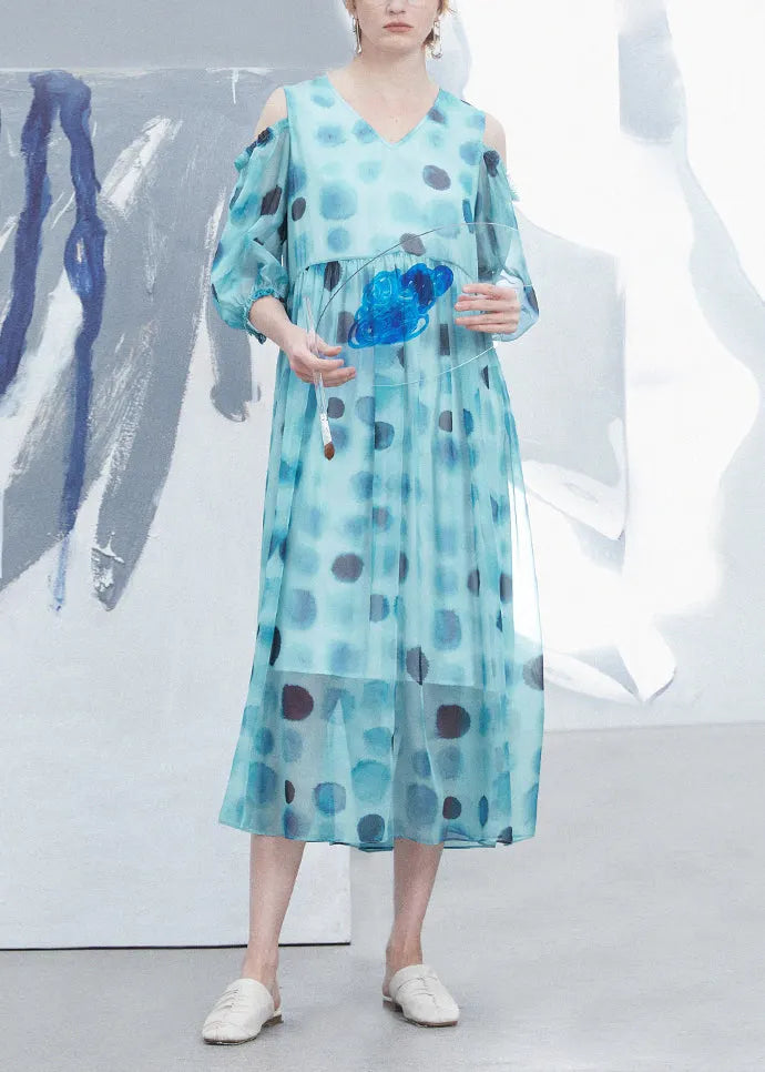 Natural Blue V Neck Cold Shoulder Dot Print Silk Dress Summer