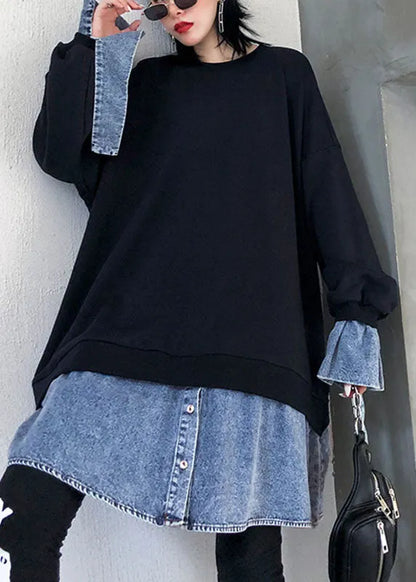 Comfy Black O-neck Patchwork Button Fall Sweatshirts Top