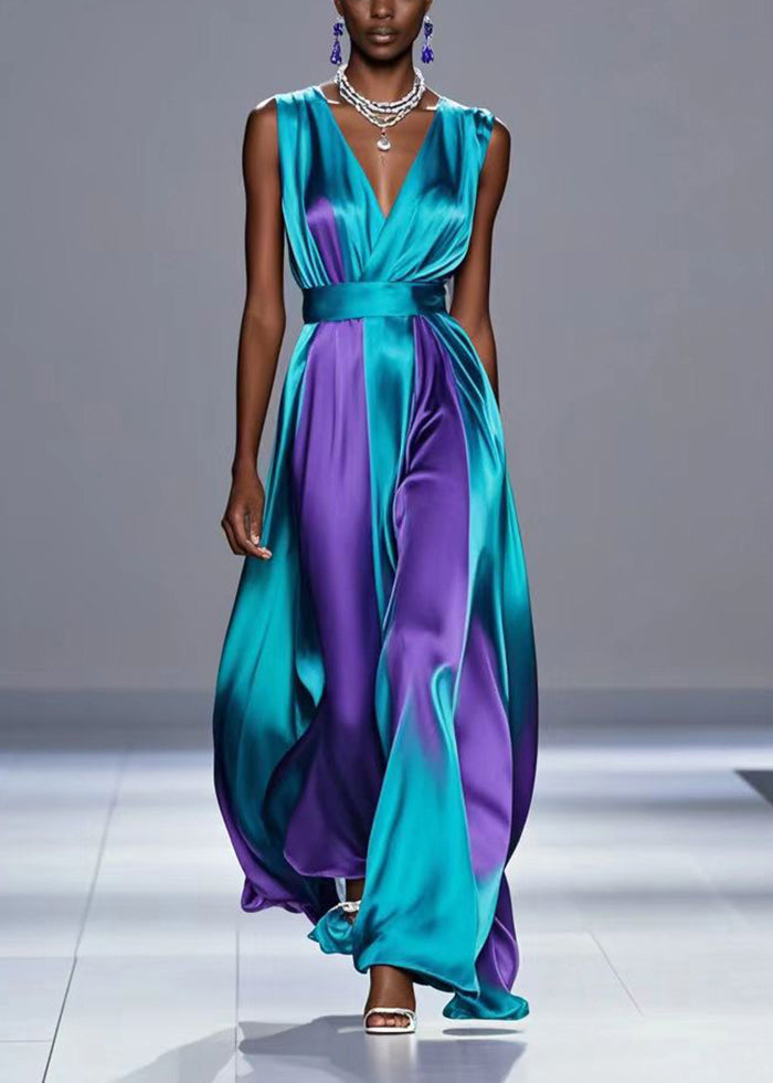 Dull Green Cinched Patchwork Silk Vacation Dresses Sleeveless Summer