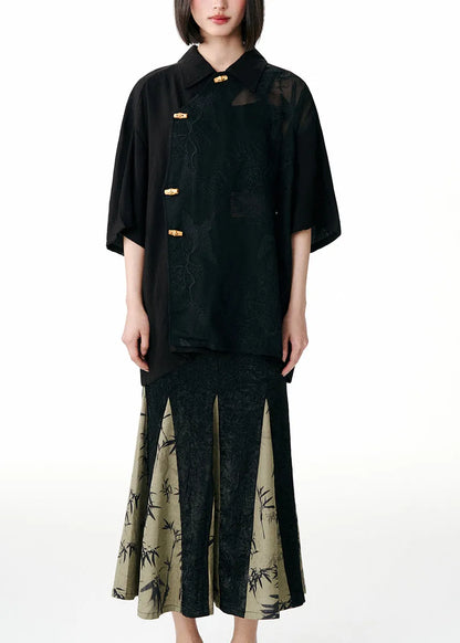 Black Peter Pan Collar Embroideried Patchwork Tulle Blouses Fall