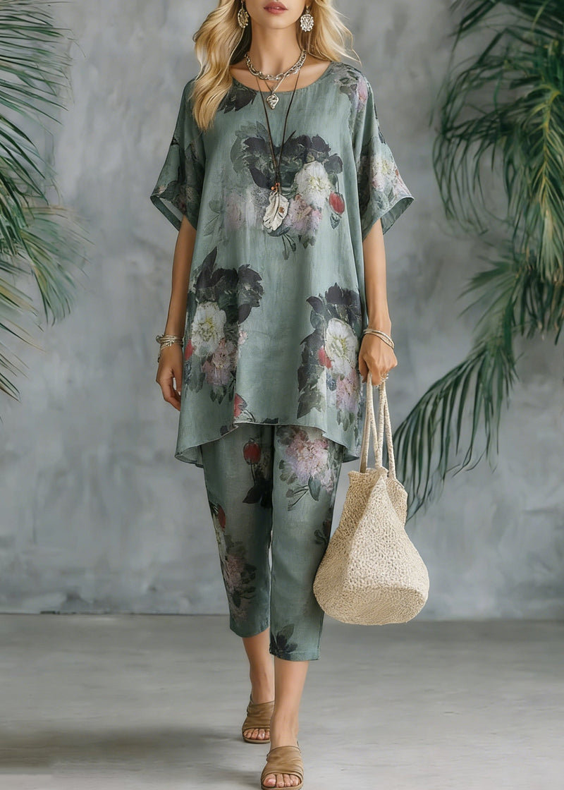 New Loose Green Print Short Sleeve Shirt Pants Linen Set