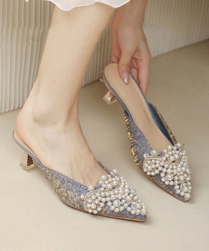 Splicing High Heel Blue Slide Sandals Nail Bead Pointed Toe