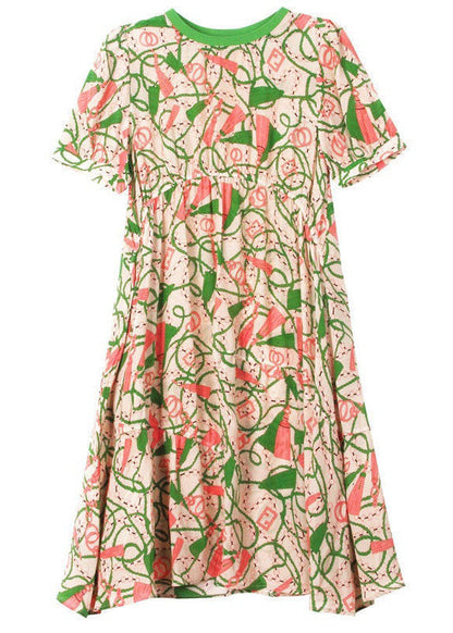 Green O Neck Print Patchwork Silk a Line Dresses Summer