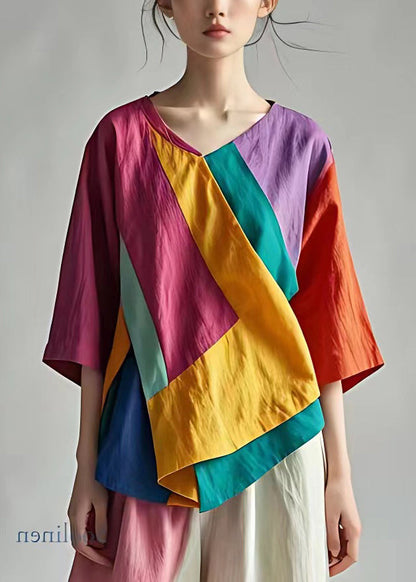 Photo Color V Neck Patchwork Linen Tops Half Sleeve