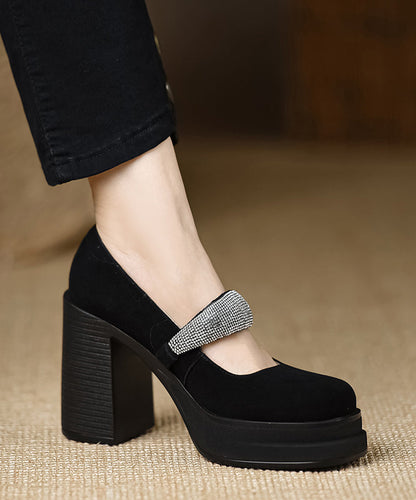 European and American Style Suede Chunky High Heels Splicing Zircon Buckle Strap