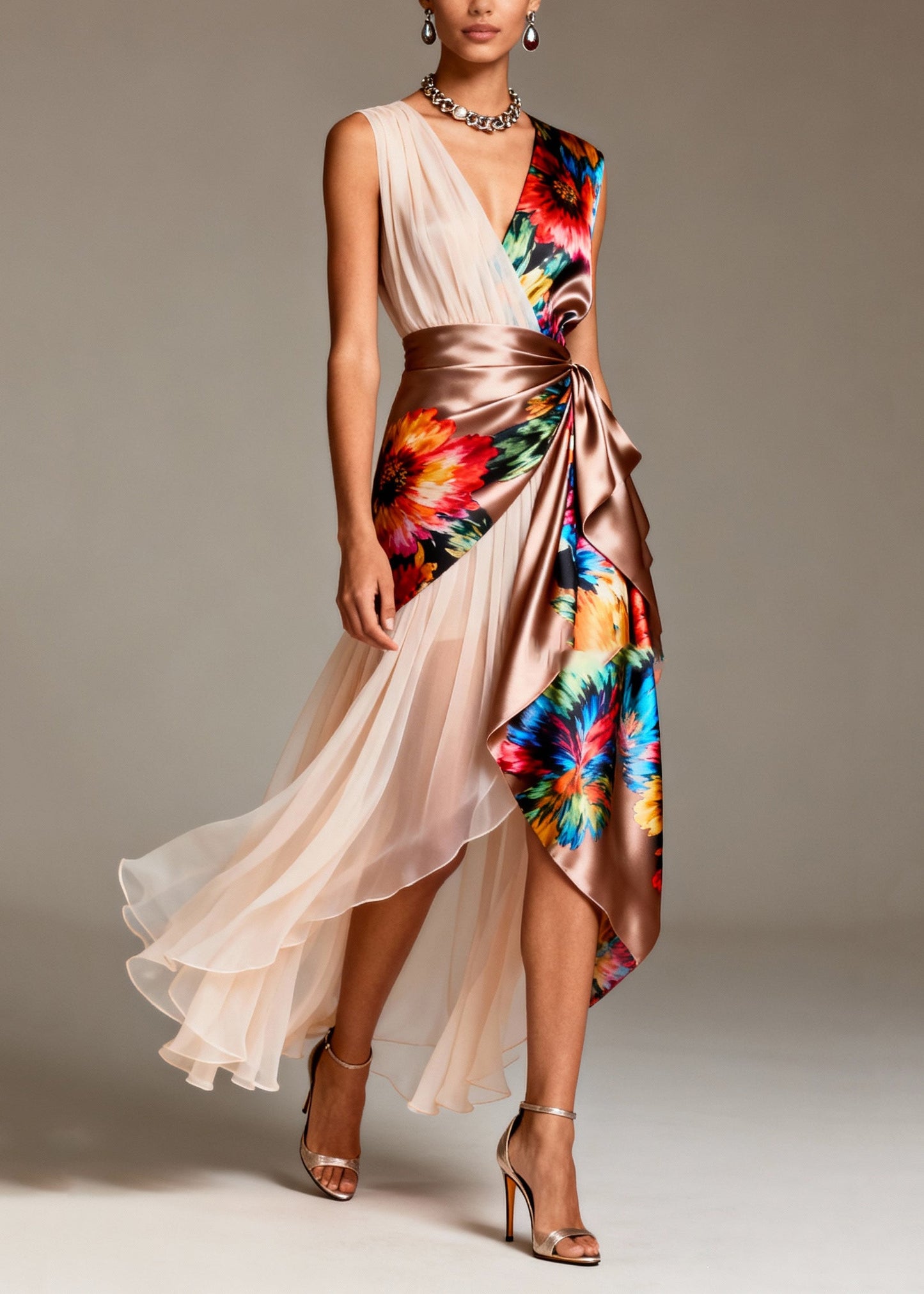 Asymmetrical Patchwork Tulle Silk Party Dresses Sleeveless Summer