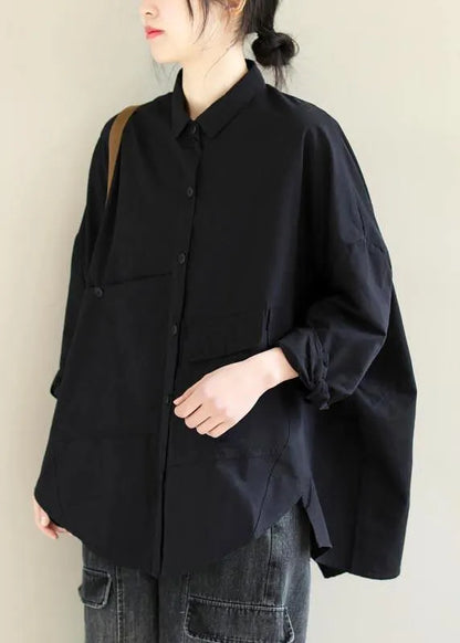 Unique Lapel Asymmetric Blouse Sewing Black Shirt
