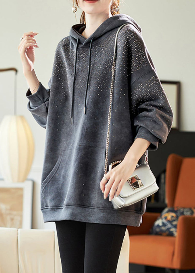 Grey Drawstring Zircon Pockets Hooded Sweatshirts Lantern Sleeve