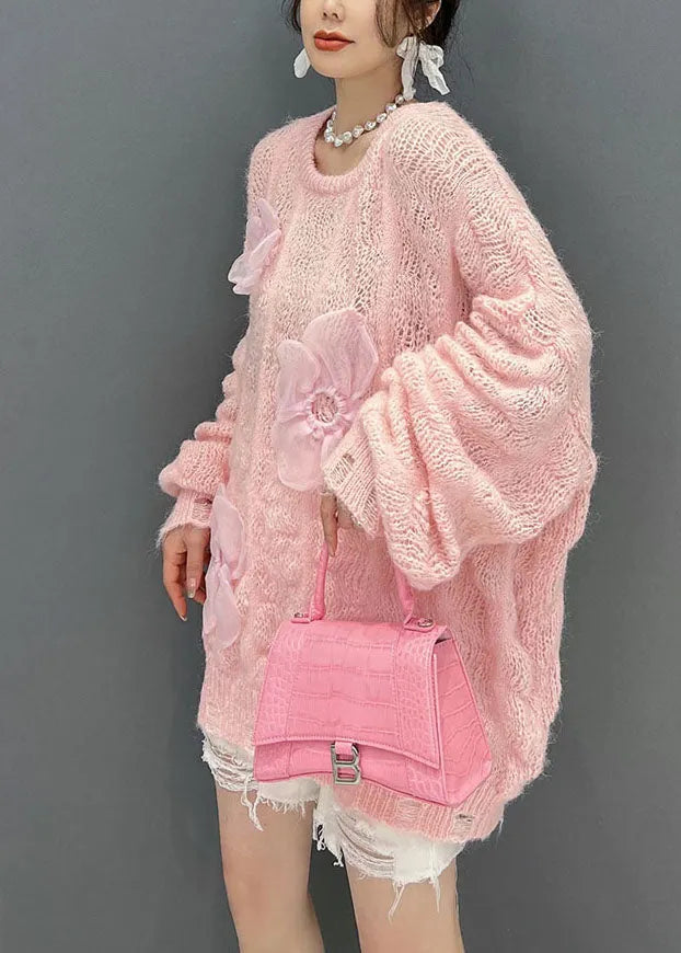 Pink Oversized Hollow Out Applique Knit Sweater Tops Winter