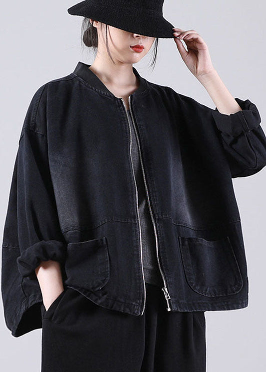 Loose Black Zippered Pockets Patchwork Fall Denim Long Sleeve Coat