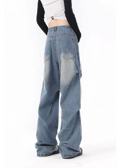 Blue Pockets Wrinkled Denim Wide Leg Pants Spring