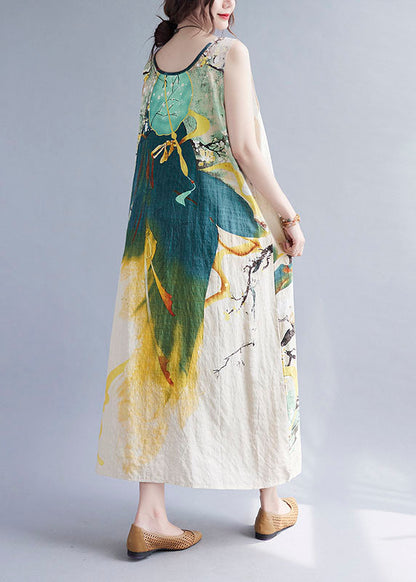 Beige Print O-neck Linen Vacation Dresses Summer