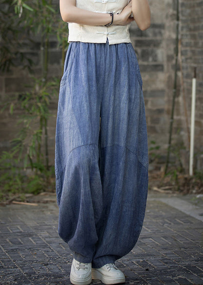 Blue Pockets High Waist Linen Summer Pants