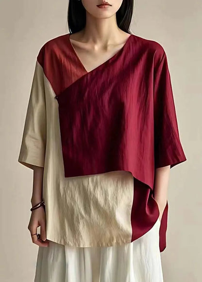 French Wine Red Asymmetrical Patchwork Cotton Top Bracelet Sleeve