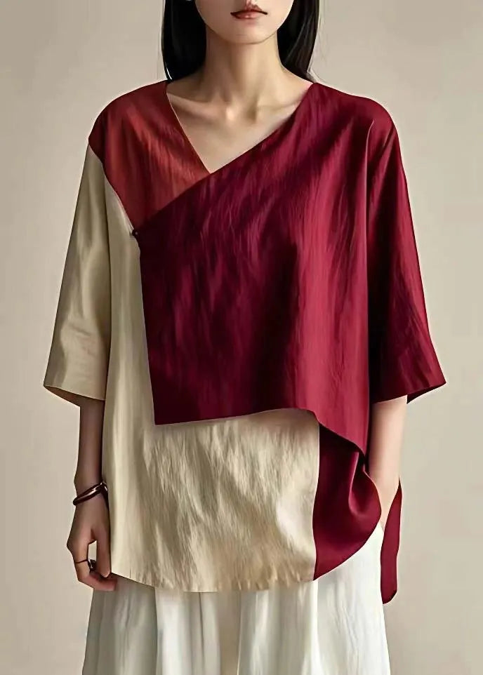 French Wine Red Asymmetrical Patchwork Cotton Top Bracelet Sleeve