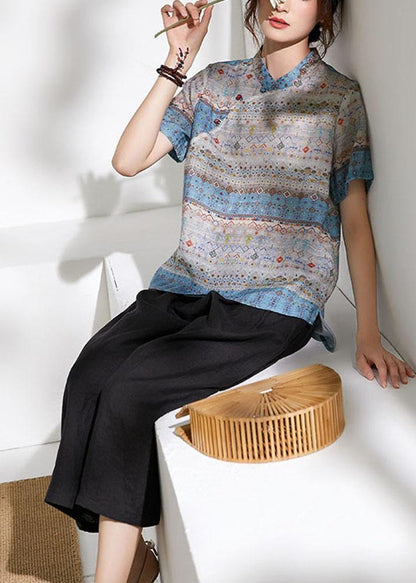 Grey Blue Print Chinese Style Summer Ramie Short Sleeve Shirts