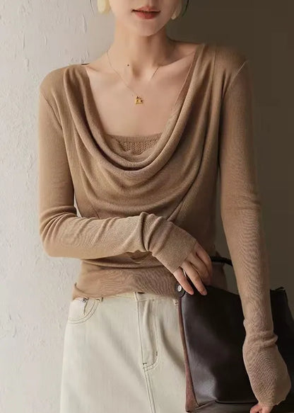 Classy Brown Turtle Neck Silm Fit Knit Top Spring