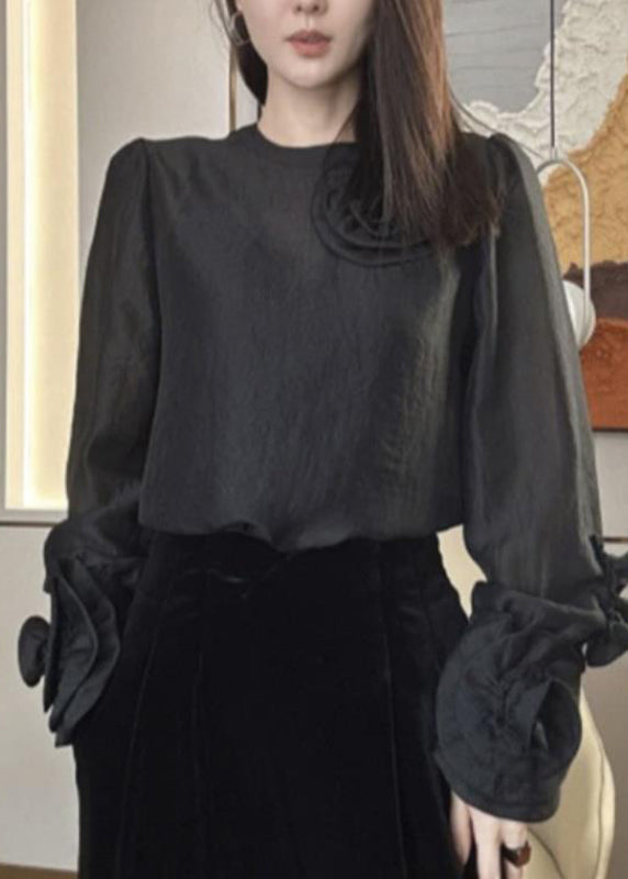 French Mulberry O-neck Silk Velour Top Spring