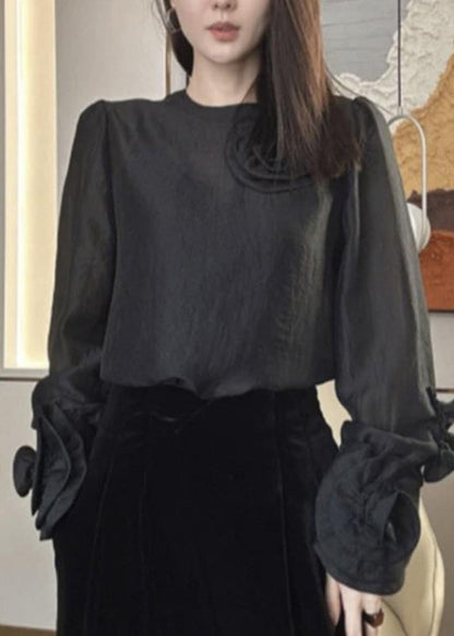 French Mulberry O-neck Silk Velour Top Spring