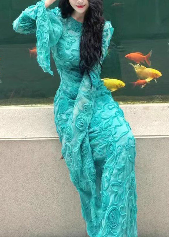 Green O-neck Tulle Maxi Dress Spring