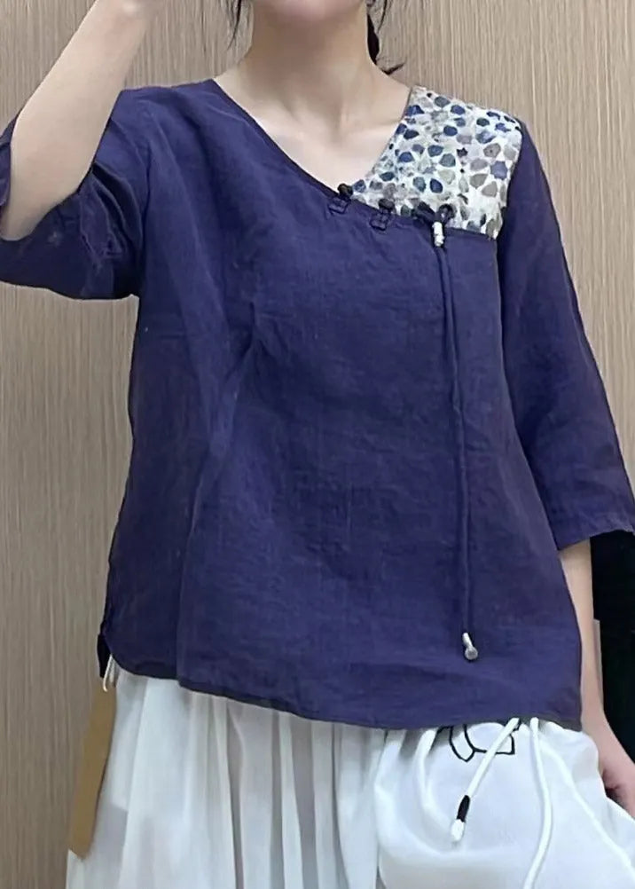 Orange V Neck Asymmetrical Design Print Linen Top Three Quarter Sleeve
