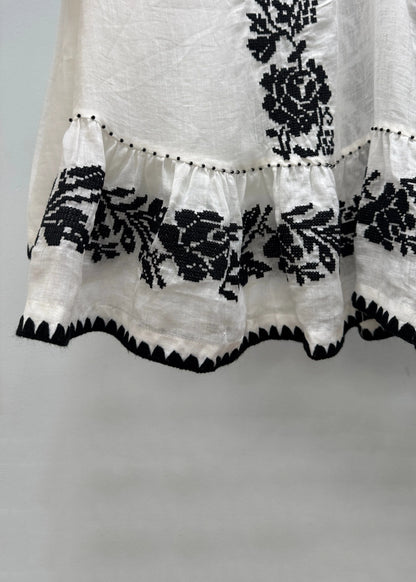 Handmade White V Neck Embroidered Linen Blouses Fall