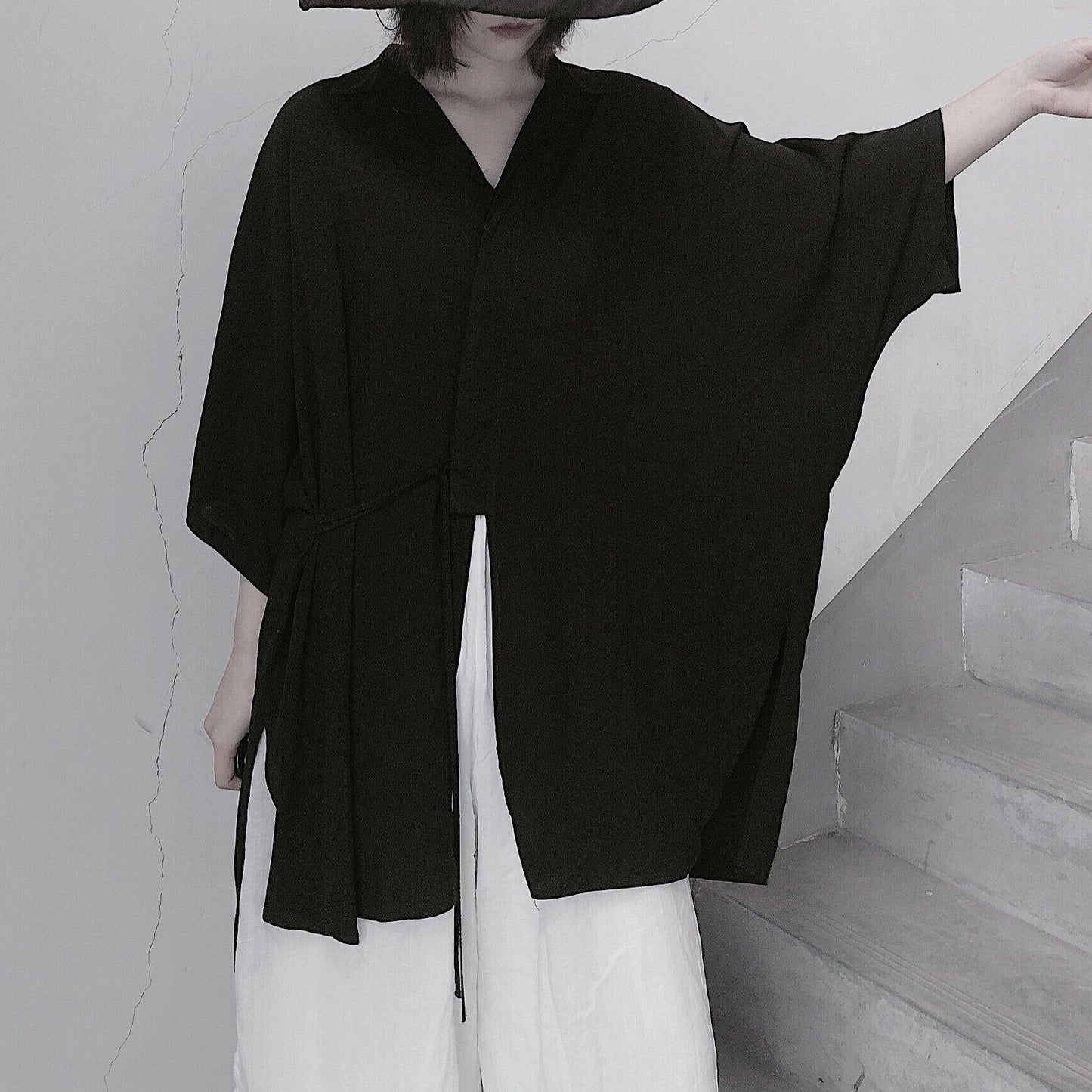 Diy Lapel Batwing Sleeve Blouses for Photography Black Top