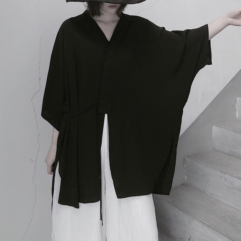 Diy Lapel Batwing Sleeve Blouses for Photography Black Top