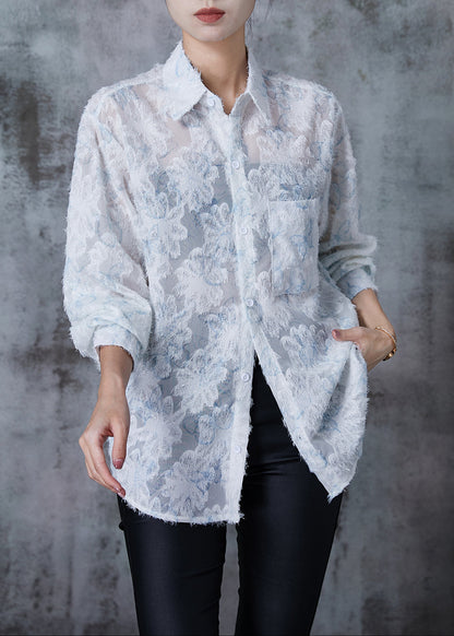 Blue Loose Chiffon Upf 50+ Top Spring