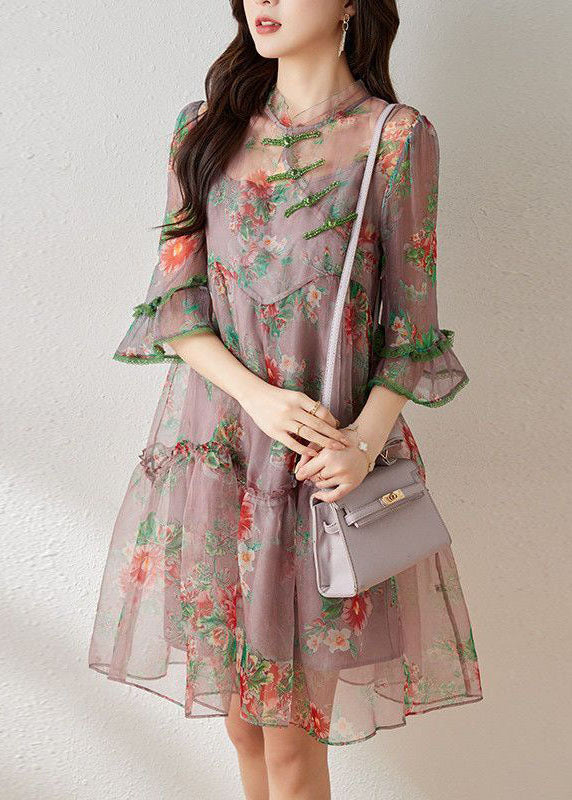 Light Purple Ruffled Chinese Button Print Tulle Oriental Dresses Summer