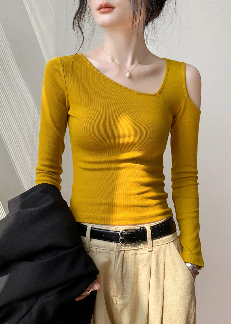 Yellow Cold Shoulder Hollow Out Cotton T Shirt Fall