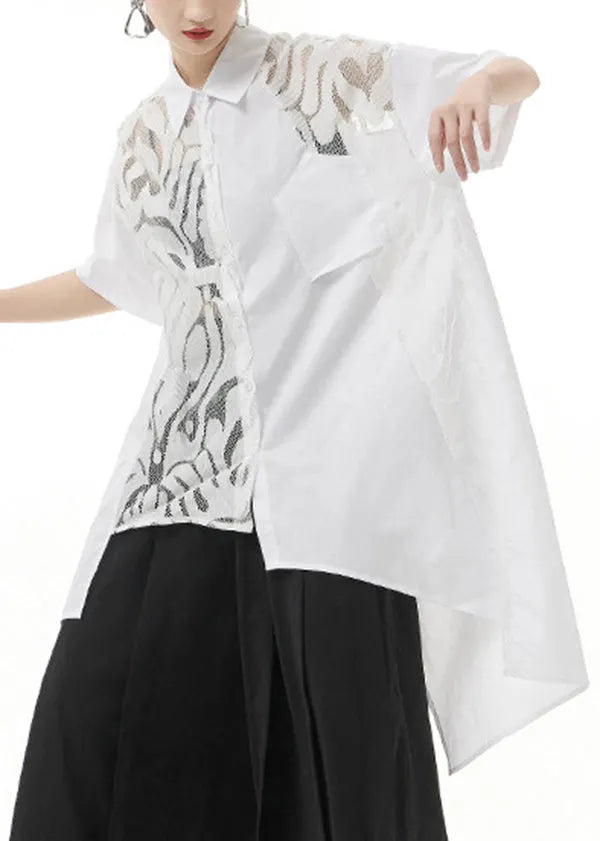 White Peter Pan Collar Lace Patchwork Shirt Tops Short Sleeve