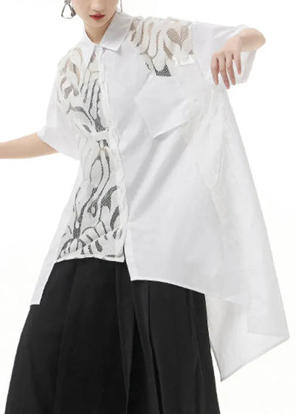 White Peter Pan Collar Lace Patchwork Shirt Tops Short Sleeve