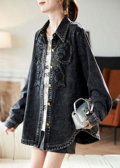 Black Peter Pan Collar Patchwork Button Denim Coats Spring