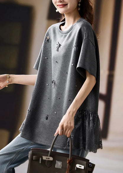 Fine Black Oversized Patchwork Cotton Tops Summer