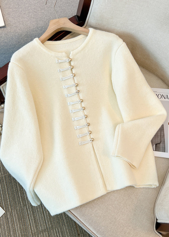 White O-neck Chinese Button Knit Cardigans Winter