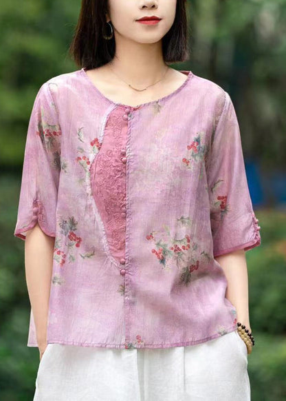 Blue Print Patchwork Linen Shirts Short Sleeve
