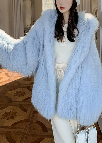 Blue Oversized Hooded Fox Fur Coats Winter