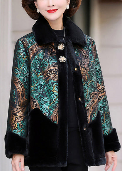 Green Peter Pan Collar Print Patchwork Faux Fur Coats Winter