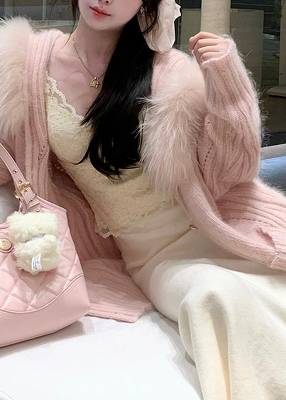 Pink Raccoon Hair Collar Button Cotton Knit Cardigan Spring